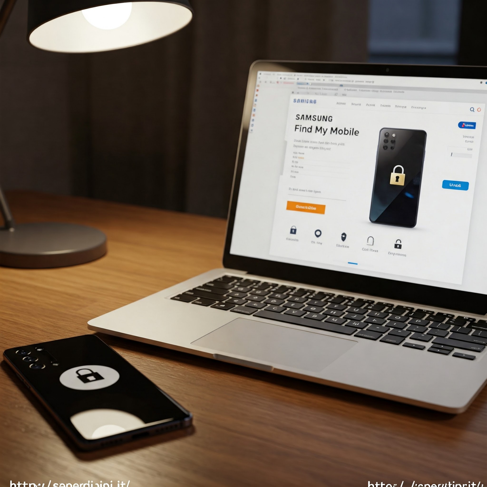 "Uno smartphone Samsung bloccato è appoggiato su un tavolo. Accanto, un utente utilizza un laptop con il sito 'Samsung Find My Mobile' aperto. Sullo schermo si vede un’interfaccia con l’opzione 'Sblocca'. La stanza ha un’illuminazione calda e una scrivania ordinata. piu logo di https://saperdipiu.it/" 